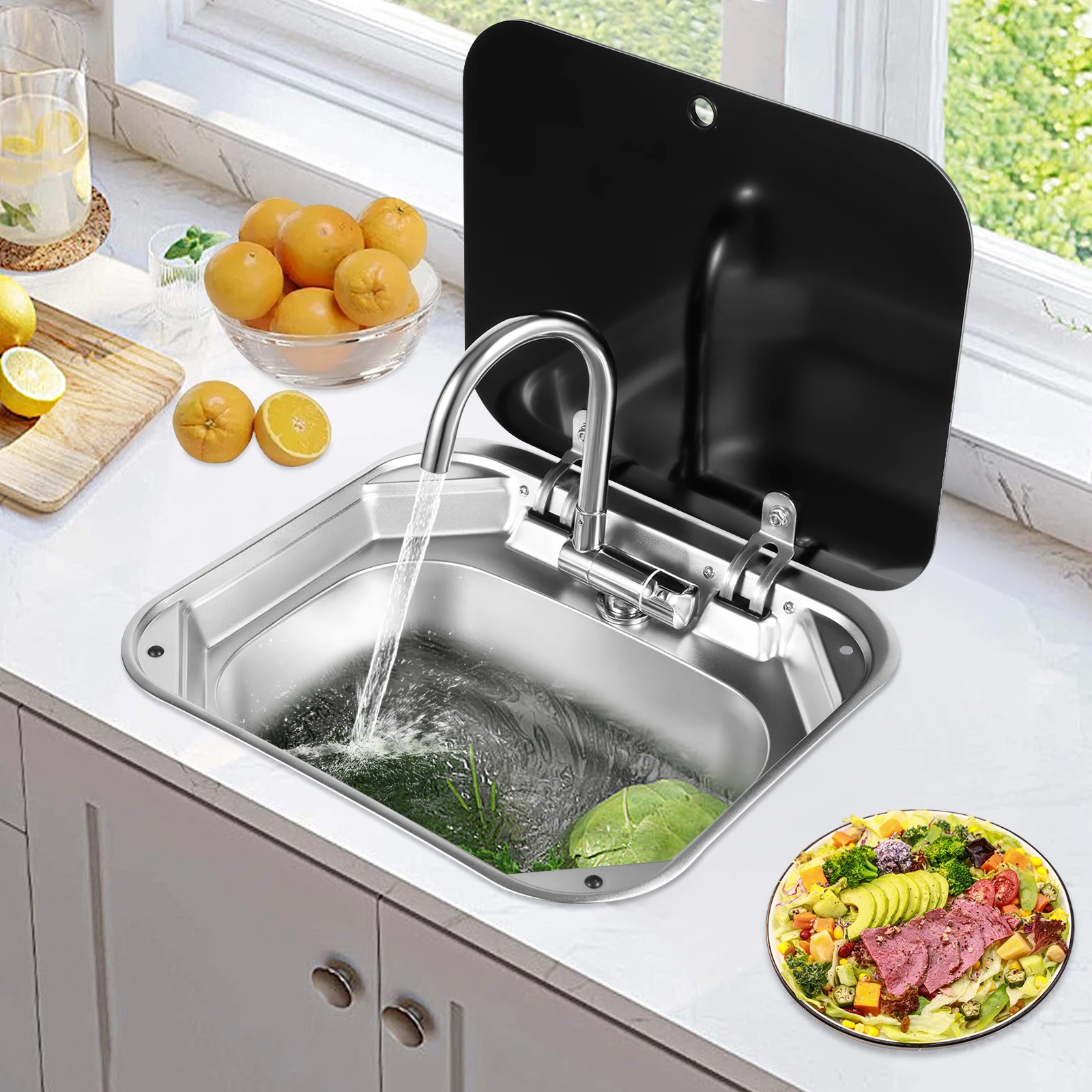 

Compact Space Saving Sink Faucet and Drain Hose Kit, Anti-Splash Water Tap and Small Basin Drainage System for Mini Camper,Truck