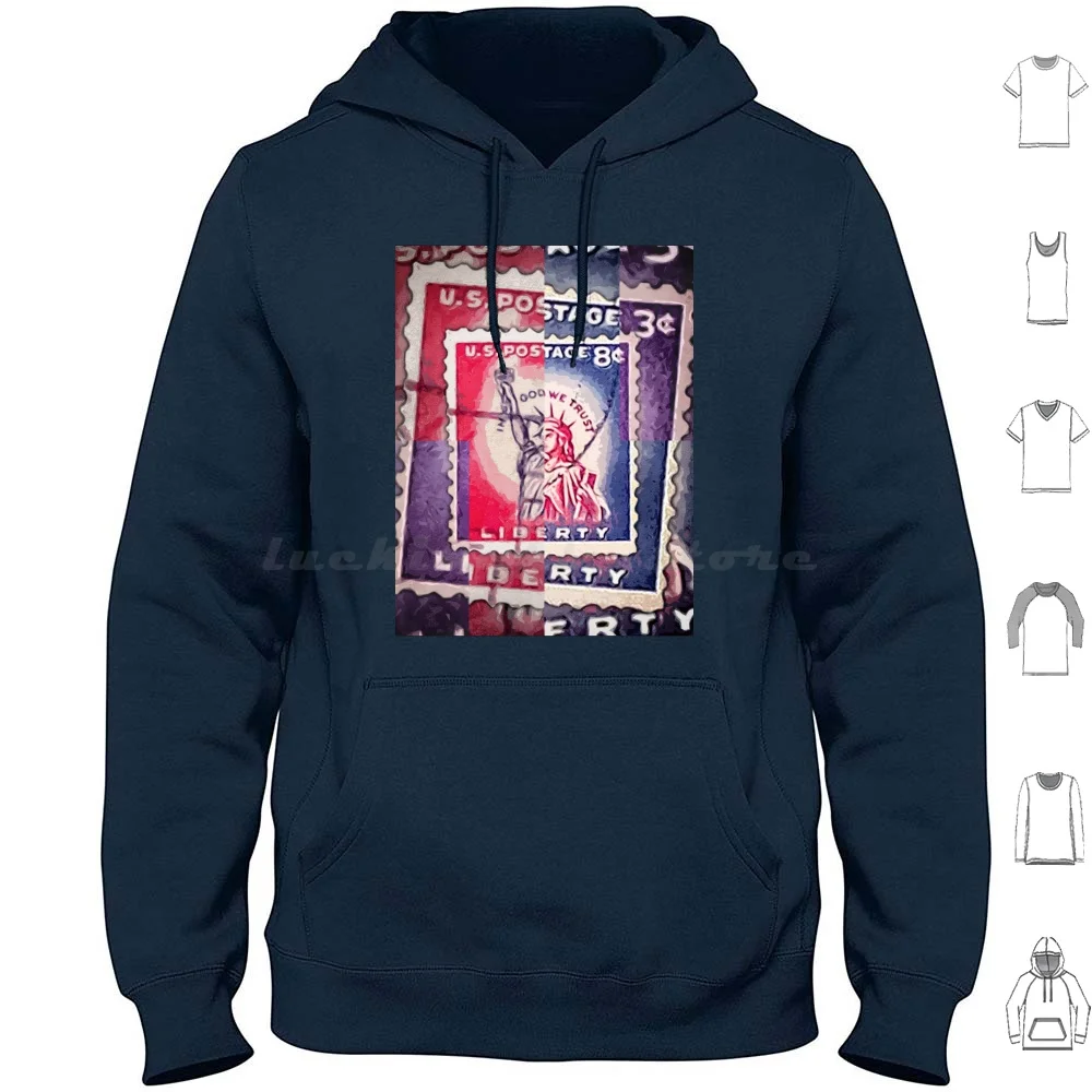 Abstract Liberty Stamp Collage Hoodie cotton Long Sleeve Collage Abstract Liberty Statue Of Liberty Stamps Postage