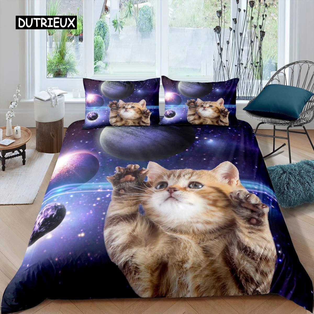 

Galaxy Cat Duvet Cover Set Microfiber Universe Galaxy Bedding Set Cute Kitten Comforter Cover Outer Space Planets Quilt Cover