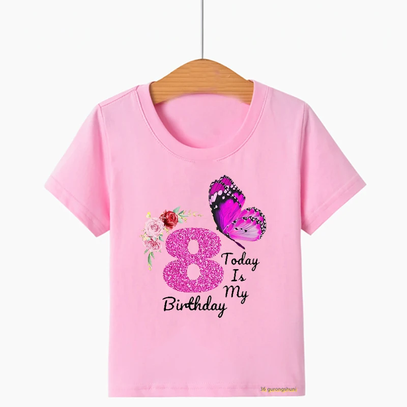 

New Kids Clothes Tshirt Flower Butterfly Birthday Numbers 3-12th Birthday For Girls T Shirt Fashion Girls Birthday Clothes Shirt