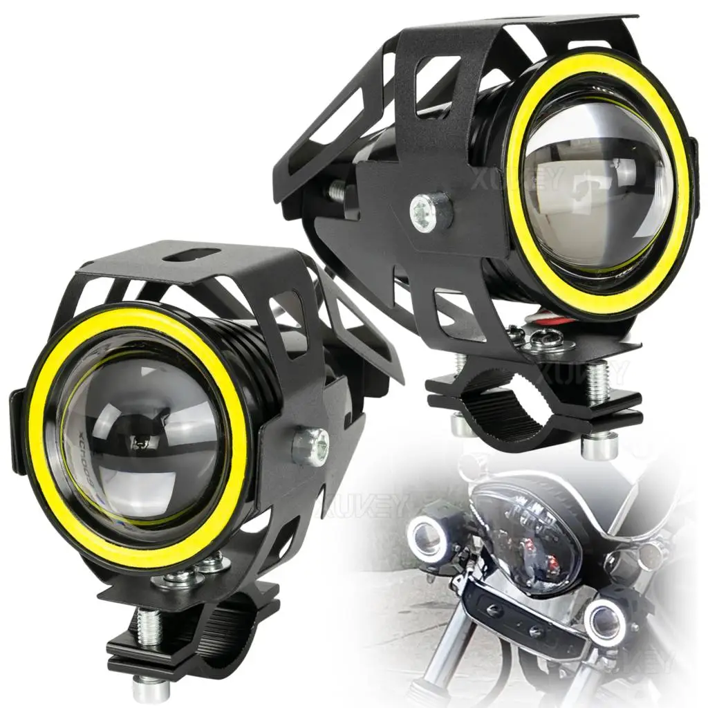 2 Sets Motorcycle Headlight U7 LED Fog Lights Spotlight Daytime Running Lights White Angel Eyes Halo Ring Auxiliary Fog Lamp