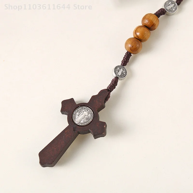 الخشب الخرز الوردية الصليب قلادة للنساء الرجال المسيحية مريم العذراء INRI سلسلة بدلاية مجوهرات الدين الموضة