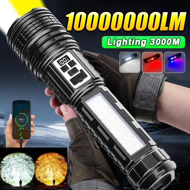 

Супермощный фонарь 10000000LM с желтым светом, перезаряжаемый, тактический светодиодный фонарь высокой мощности с предупреждающим COB-светом