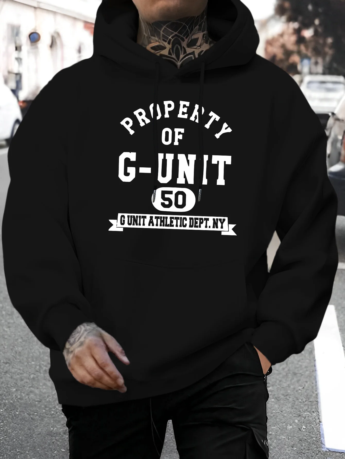 Herren G-Unit 50 Hip-Hop-Hoodie mit Aufdruck „Property Of G-Unit“, Schwarz, Oversize-Streetwear-Pullover, Sweatshirt, Sport, Freizeit, Alltag, Oberteile – Detail 2