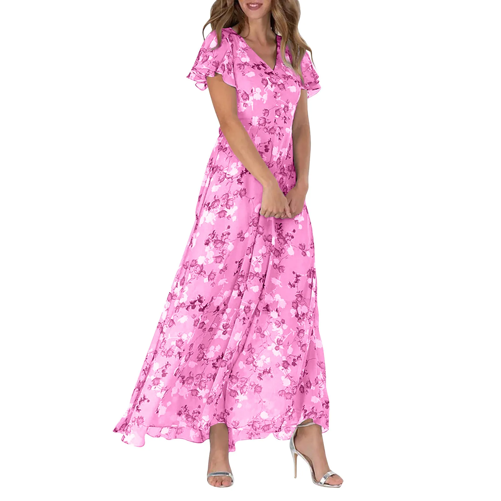 

Women's Swing Long Dress Chiffon Floral Short Sleeve Ruffle V Neck Fashion Waist Flowy Dress