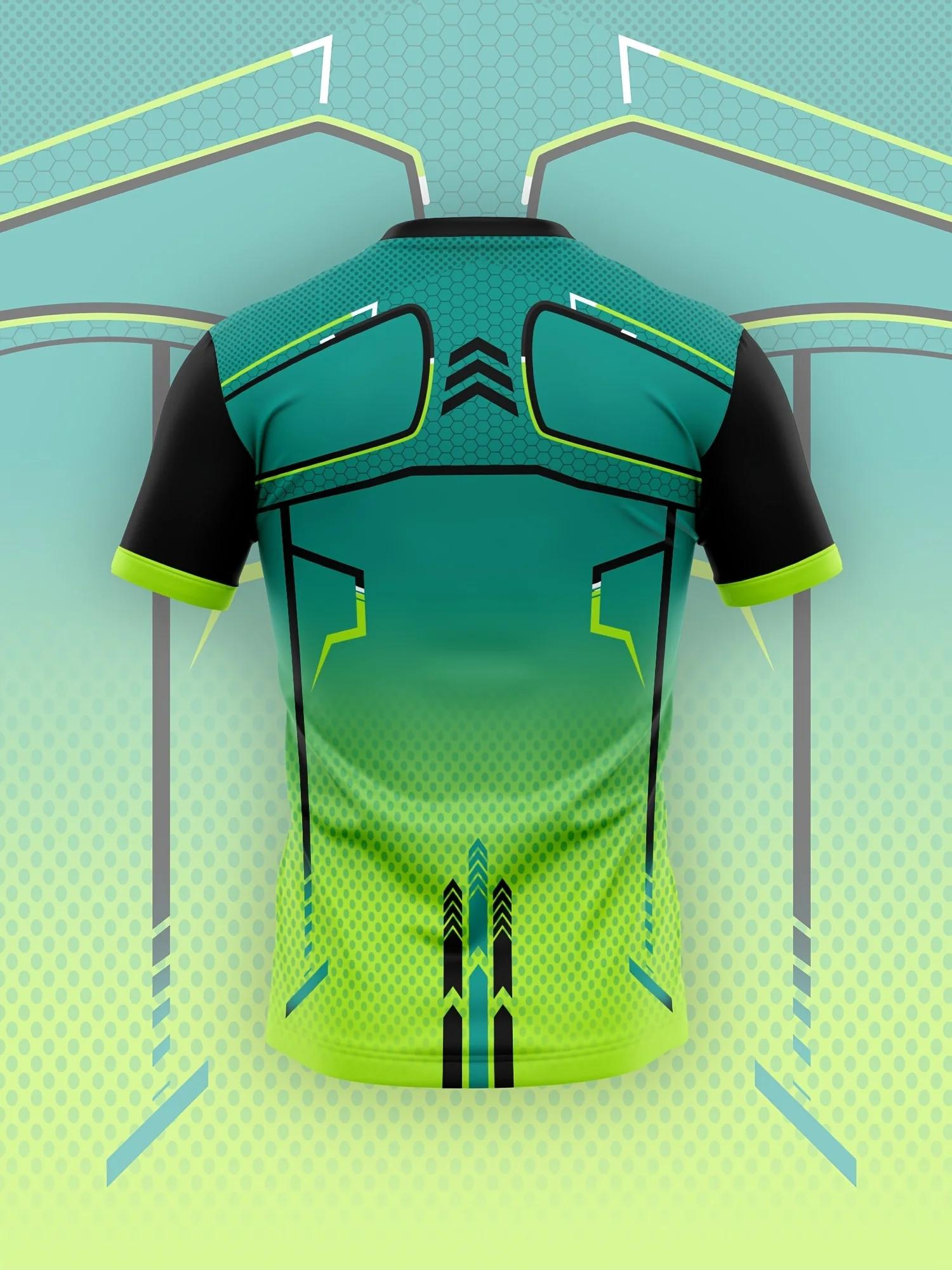 Teal Lime Gradient Geometric Mesh Sport Tee Black Sleeve Neon Trim Quick Dry Training Top