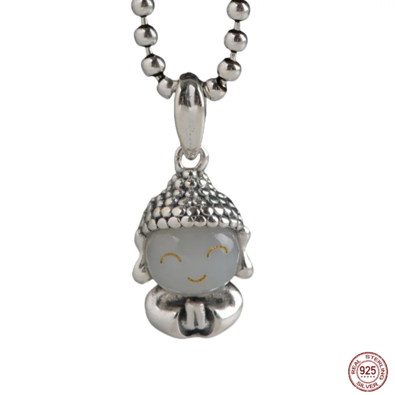 S925 Sterling Silver Retro inlaid With Natural Hotan Jade Cartoon Maitreya Small Buddha Pendant Female Lucky Amulet