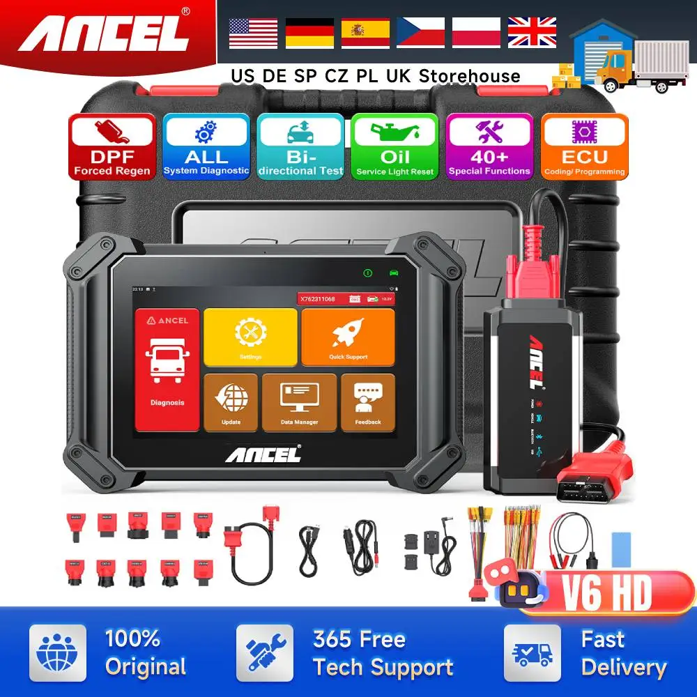 

ANCEL V6HD Сверхмощный сканер для грузовиков, дизельный диагностический сканер с широким американским дизельным грузовиком, совместимость 40+ сбросов для Cummins