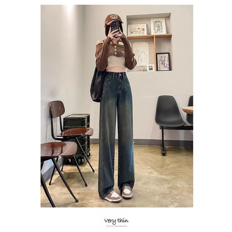 Nieuwe dames retro dikkere fluwelen wijde pijpen jeans herfst winter hoge taille rechte broek vrouwelijke casual denim broek