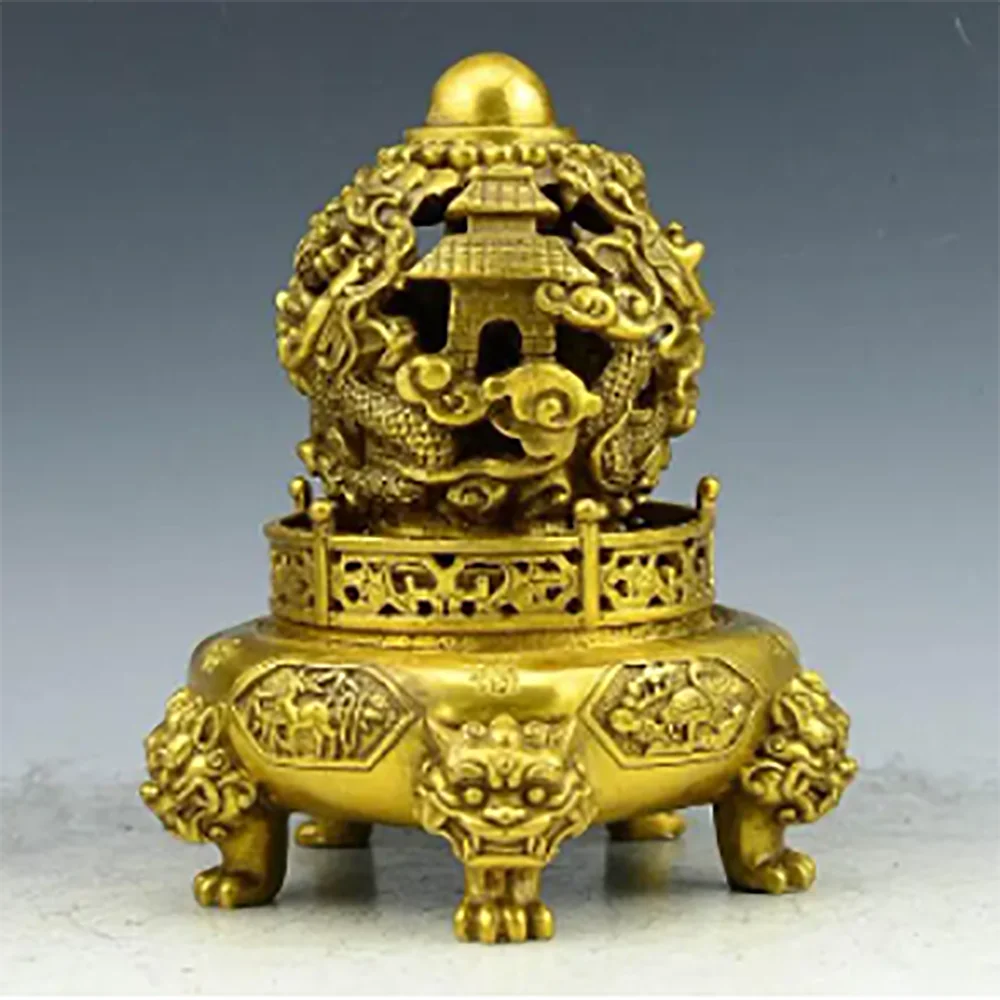 

China collection fine workmanship brass double Dragon play pearl Incense burner