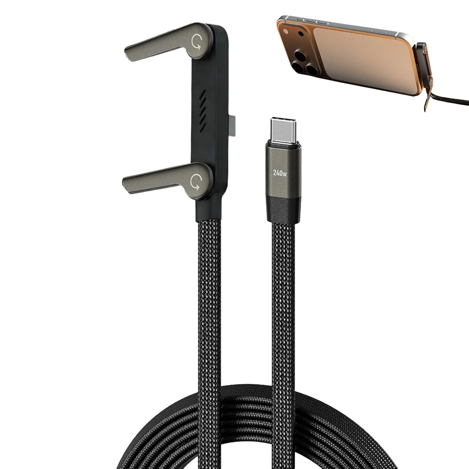 240W Braided Fast Charge Cable 90° Right Angle Type-C to Type-C Cord, Durable Foldable Charger Cable with Adjustable Phone Stand