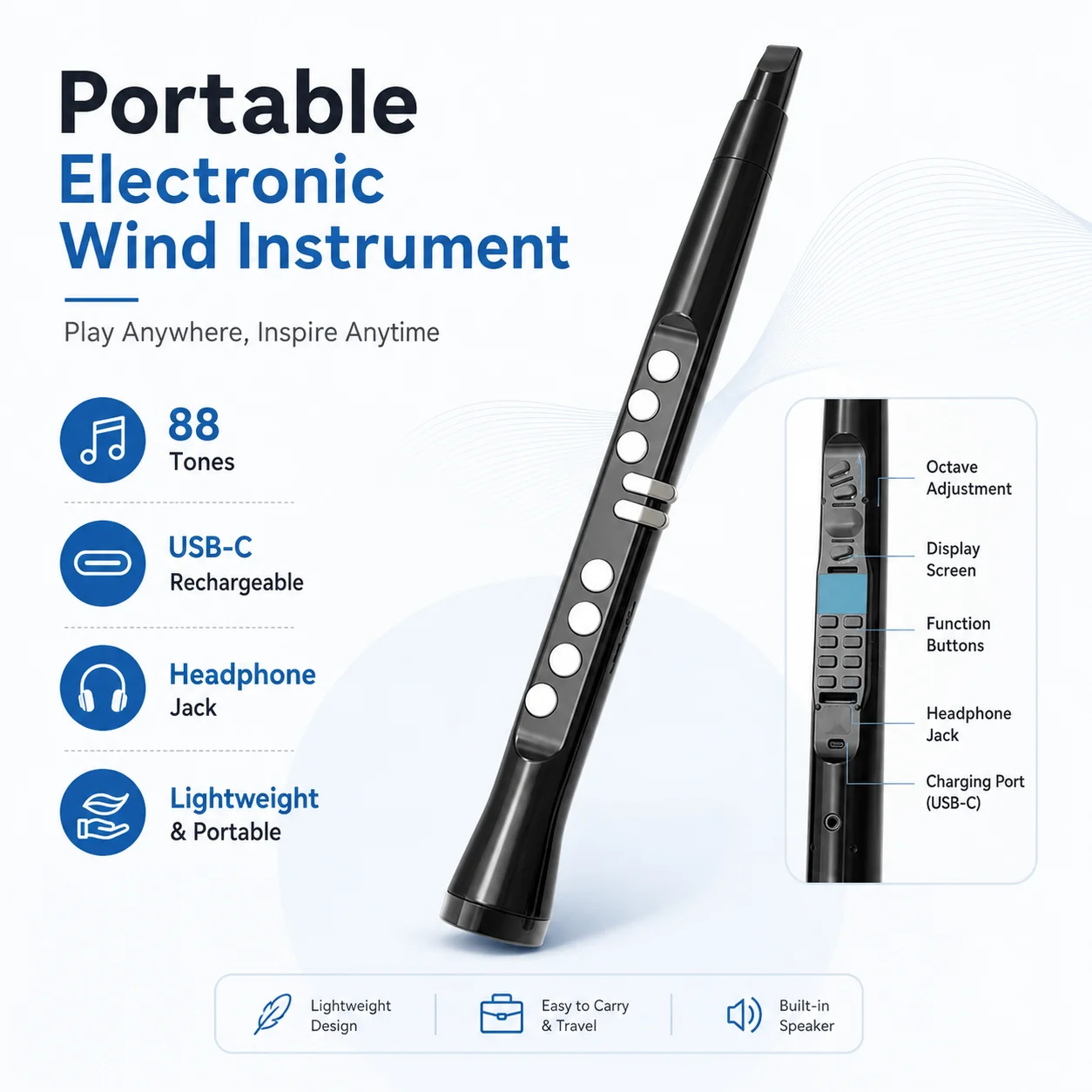Professional Mini Electronic Saxophone 88 Voices Rechargeable Electronic Wind Instrument Portable Blowpipe Sax Clarinet Flauta