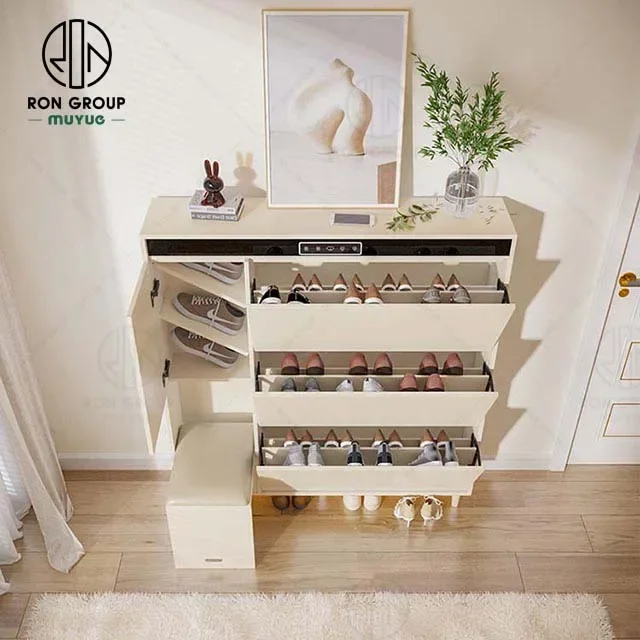 الجملة رخيصة الثمن شقة ذكي خشبي مكافحة سقوط تخزين الأحذية الرف المنزل خزانة الأحذية الذكية مع البراز