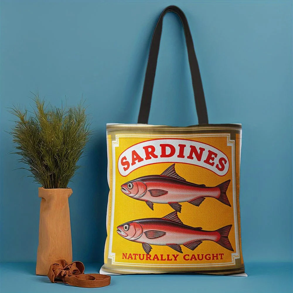 

1 шт. многоразовая большая сумка с узором «Сардина», с дизайном «SARDINES NATURALY CAUGHT», идеально подходит для покупок, путешествий