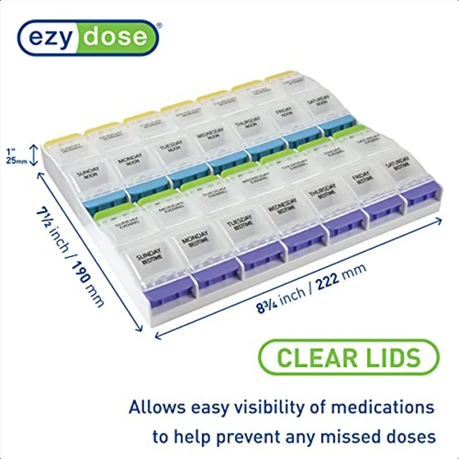 Ezy Dose Weekly 7Day Pill Organizer Vitamin and Medicine Box 2XLarge Push Button Compartments 4 Times a Day Clear Lids