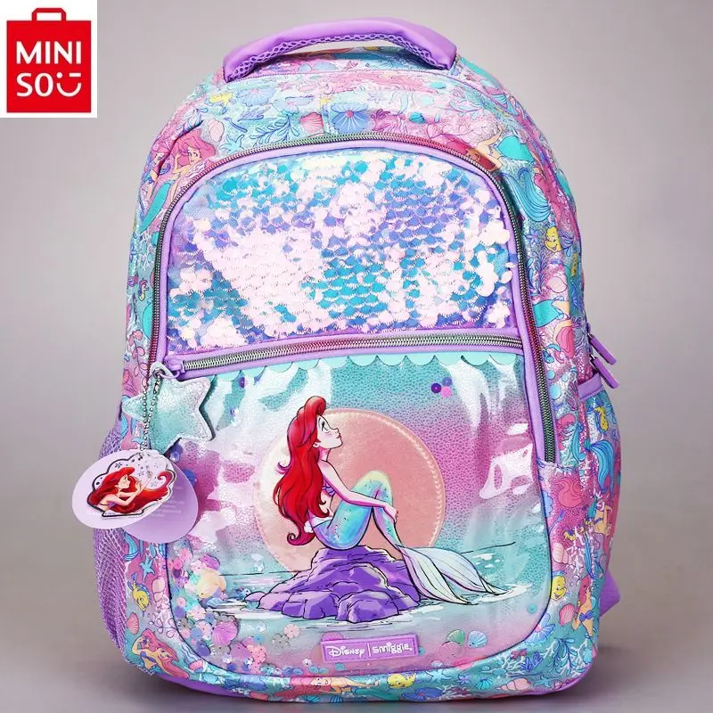 MINISO Disney sequin mermaid print crossbody bag with large capacity, lightweight and fashionable backpack for students