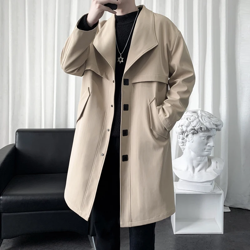 Khaki/Black New Autumn Trench Men's Fashion Overcoat for Male Long Windbreaker Korean Streetwear Men Quality Outerwear Clothing