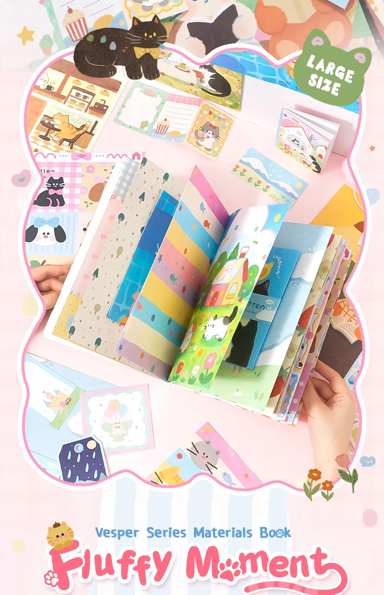 Journal GO 29 Seiten Vesper Materialbuch, dekoratives Papierblock mit mehreren Mustern, Blumenstreifen und niedlichen Kätzchen, schönes Papier für Tagebücher. – Detail 2