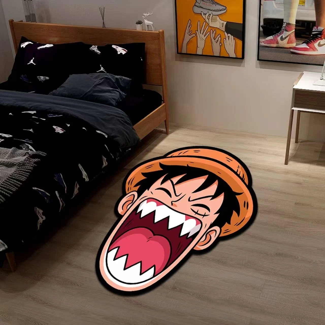Tapis de sol Luffy rire irrégulier, créatif, tendance, pour chambre de garçons, salle de jeux, chambre à coucher, décoration de chevet, tapis de sol de personnalité antidérapant
