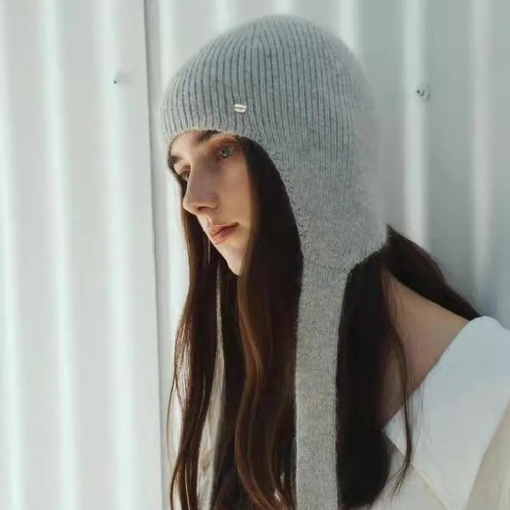Keep Warm Knitted Hat Ear Protection Solid Color Woolen Crochet Beanies Cap Polyester Neck Protector Girls Pullover Cap Outdoor