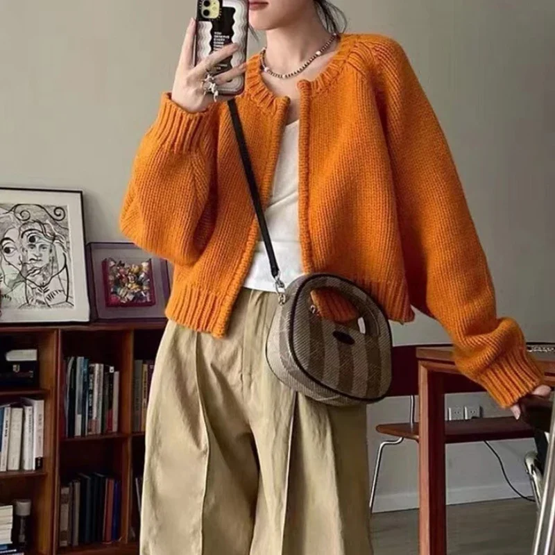 Vintage Knitted Cardigan Women Long Sleeve  O Neck Sweater Cardigans Autumn Winter Loose Chic Knit Zipper Jumpers