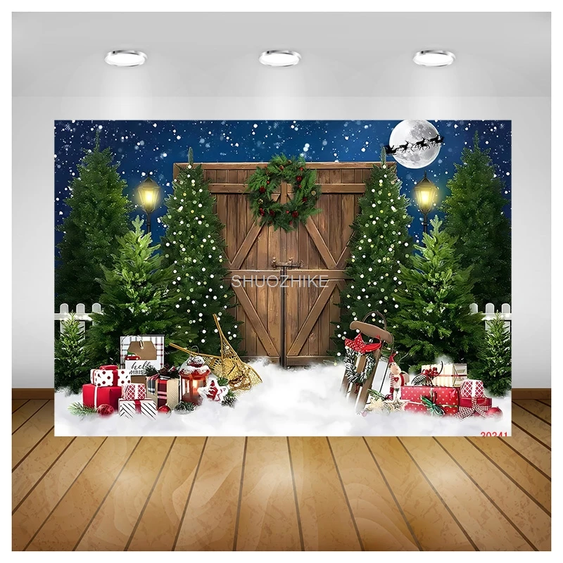 

Christmas Tree Window Wreath Photography Backdrop Wooden Doors Snowman Cinema Pine New Year Background Prop ZZ-18