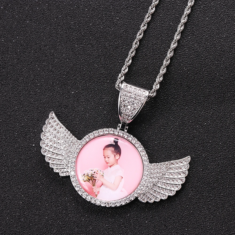 

European and American Angel Wings Photo Frame Pendant Full Zircon Jewelry Hip Hop Necklace Jewelry