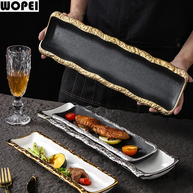 Stone Pattern Edge Ceramic Sushi Plate Rectangular Dessert Dish Fish Plate Serving Dish Snack Plate Molecular Cuisine Tableware