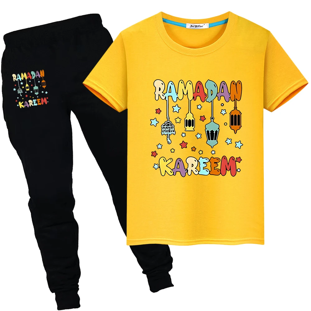 Eid Ramadan Muslim Print Summer T-shirt boy girl Sets Holiday gift Short Tops+pant Kids With Moon Ramadan Mubarak Festive Outfit