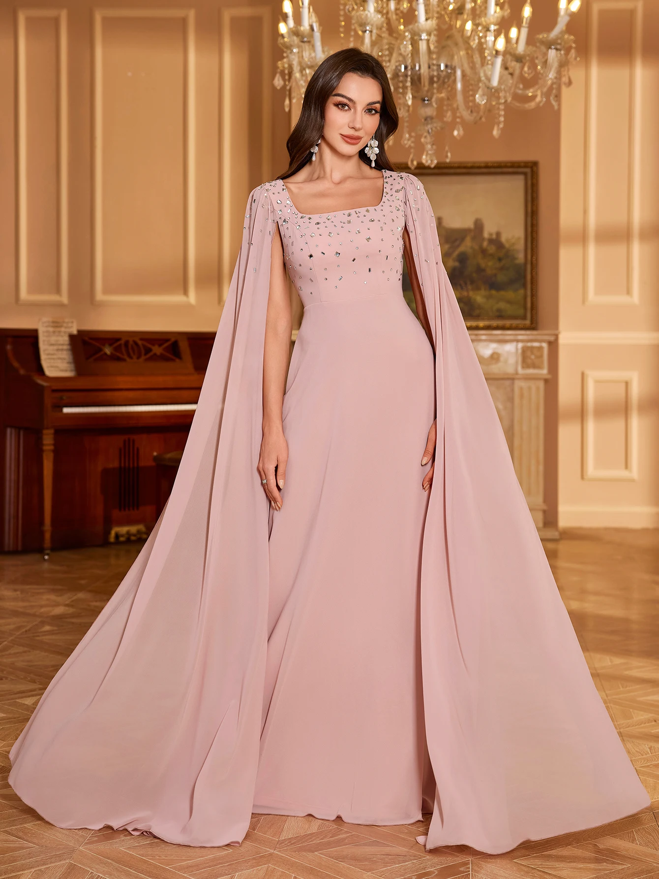 UNITHORSE Women Square Collar Rhinestone & Sequin Sleeve Solid Color Chiffon Evening Party Bridesmaid Dress