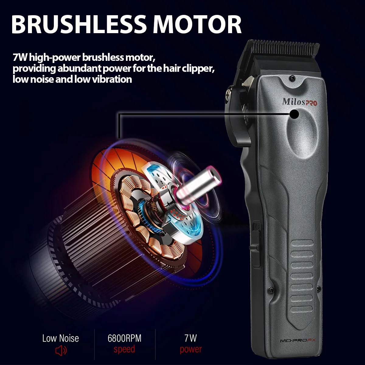 Milos pro Professional Brushless Motor 6800RPM DLC Blades Hair Clipper with 2 Replaceable Battery Hair Salon Oil Head Trimmer