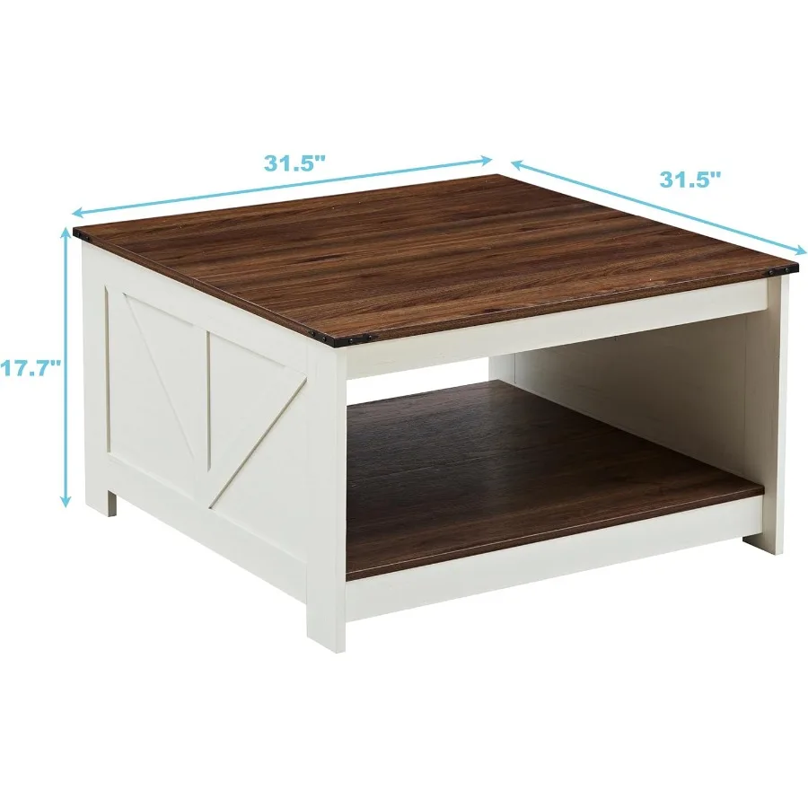 リビングルーム用ファームハウス風コーヒーテーブル、アンティークホワイト仕上げの木製スクエアデザイン、居心地の良いリビングスペースに最適、奥行き31.5インチ x 幅3インチ