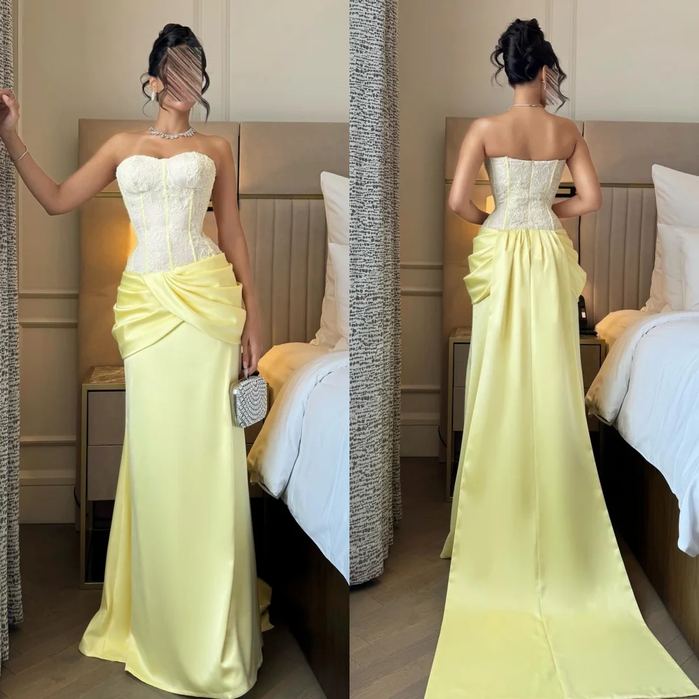 

Customized Exquisite Elegant Pleat Lace Straight Strapless Long Dresses Bespoke Occasion Dresses High Quality Sizes Available