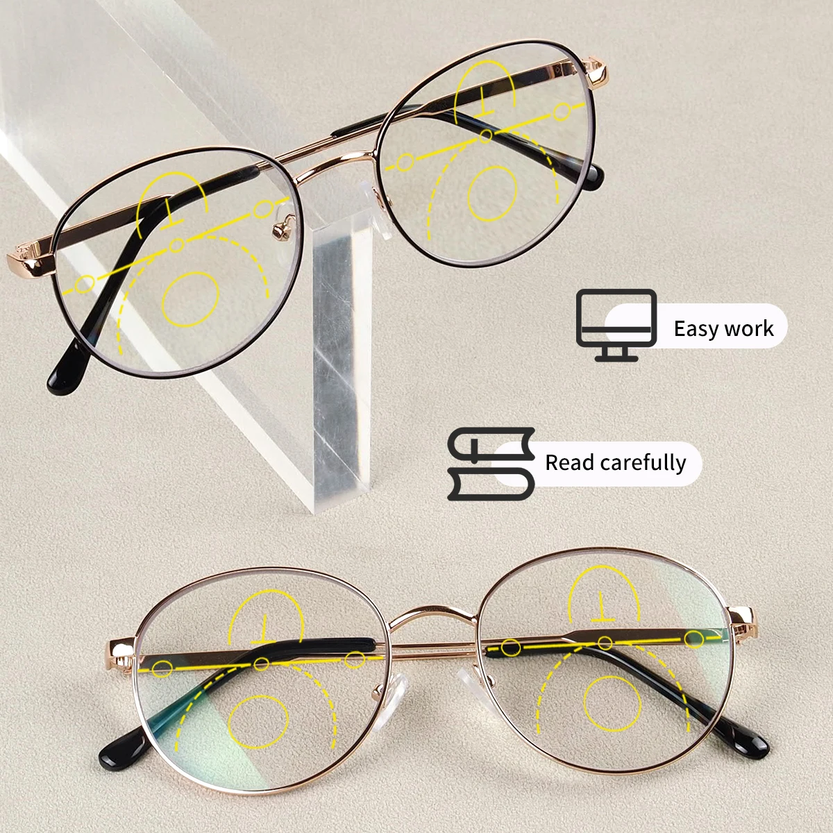 Occhiali da lettura multifocali progressivi, montatura rotonda retrò, cerniera in metallo, stesso stile per uomini e donne.