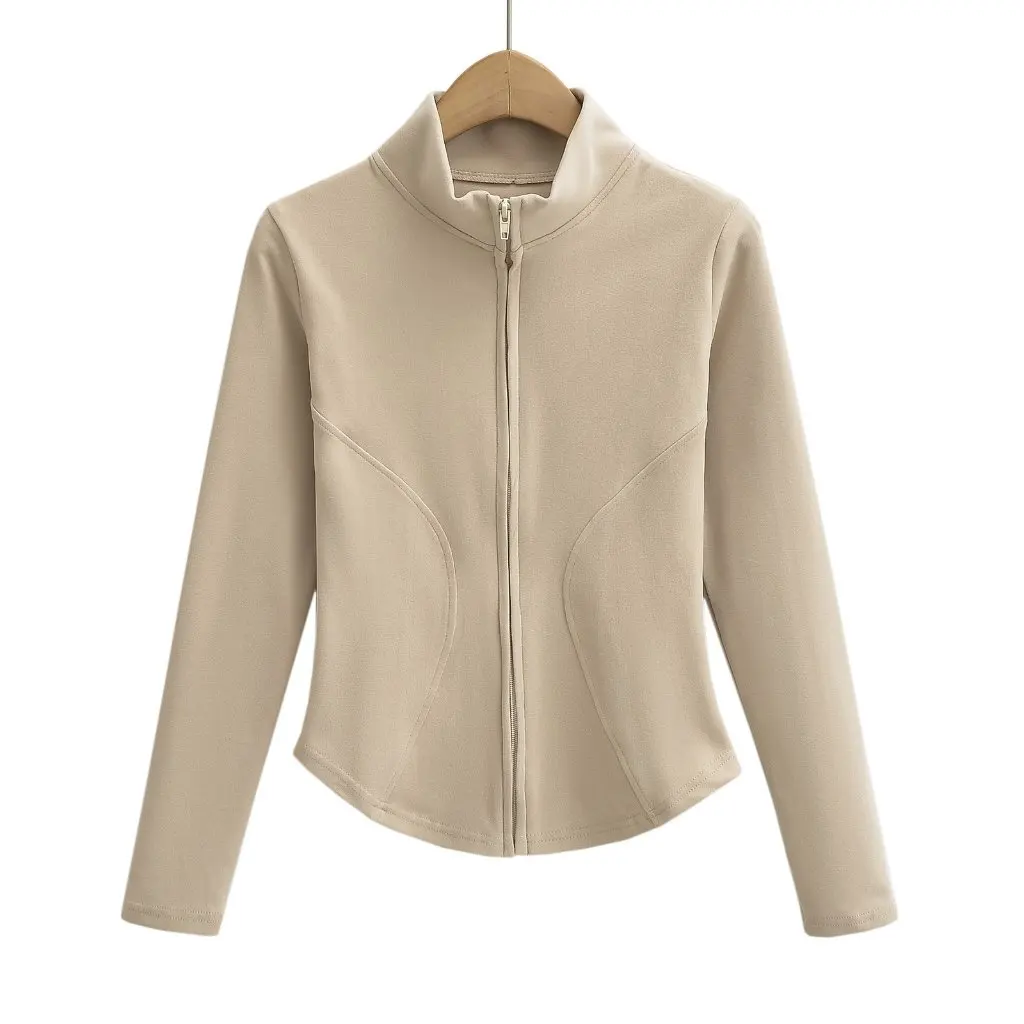 Cárdigan de cuello alto medio a la moda de primavera para mujer, suéter cálido ajustado con cremallera de manga larga de estilo americano y europeo