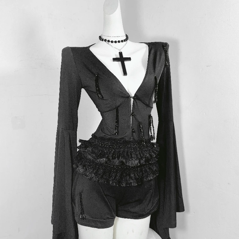 التصميم الأصلي القوطية الظلام الملابس النسائية الخريف جديد أسود تألق كريستال شرابة مثير وهمية قطعتين سروال فستان السيدات