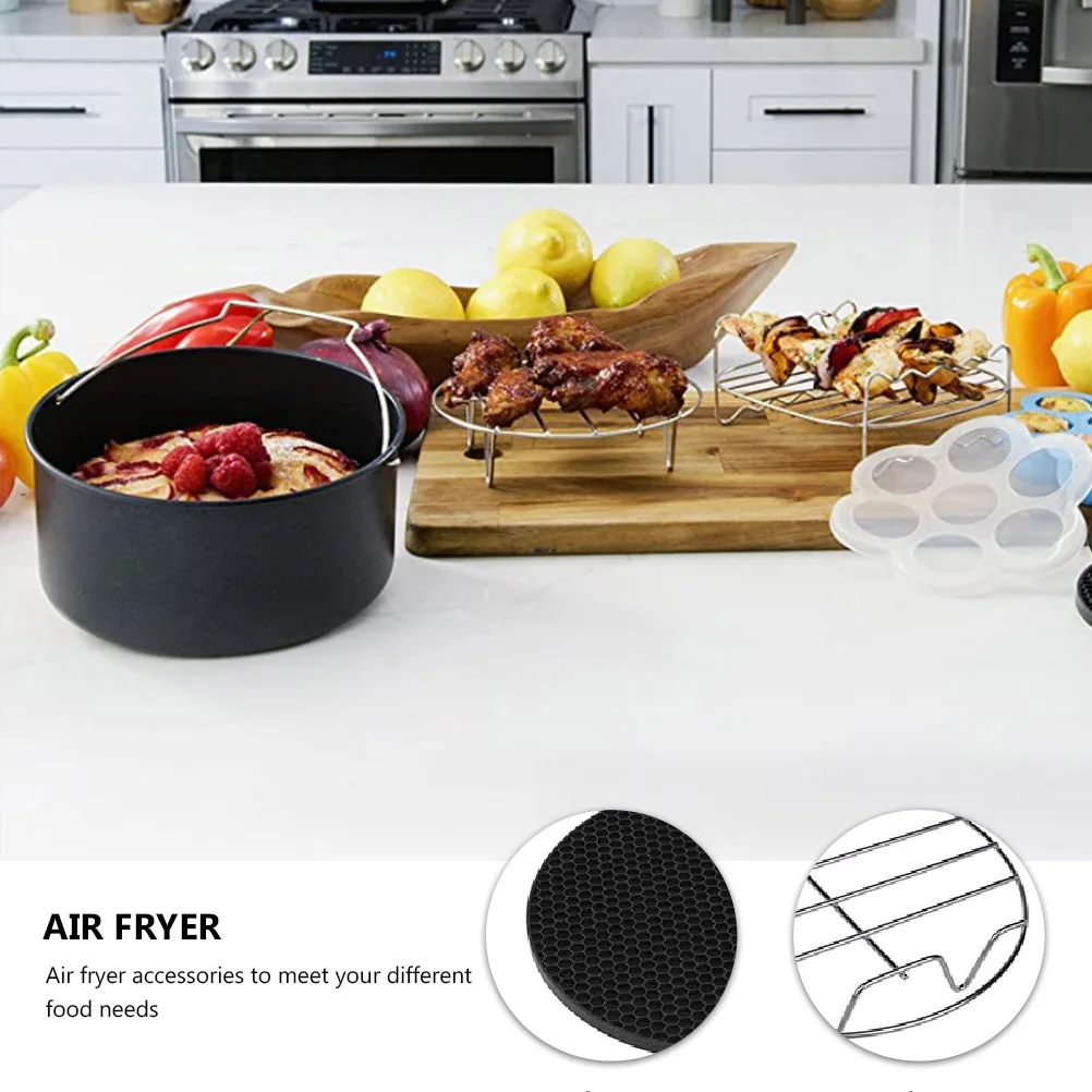 

6pcs Air Fryer Accessories Baking Cake Basket Pizza Pan Tools Household Frying Pan Honeycomb Mat Even Heating Gas