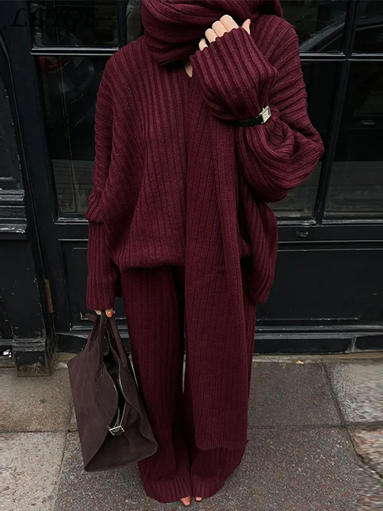 Elegant Knit Ribbed Sweater Pants Set Women Loose V-neck Pullover With Scarf Wide Leg Trouser 2024 Autumn Lady Casual Outfits