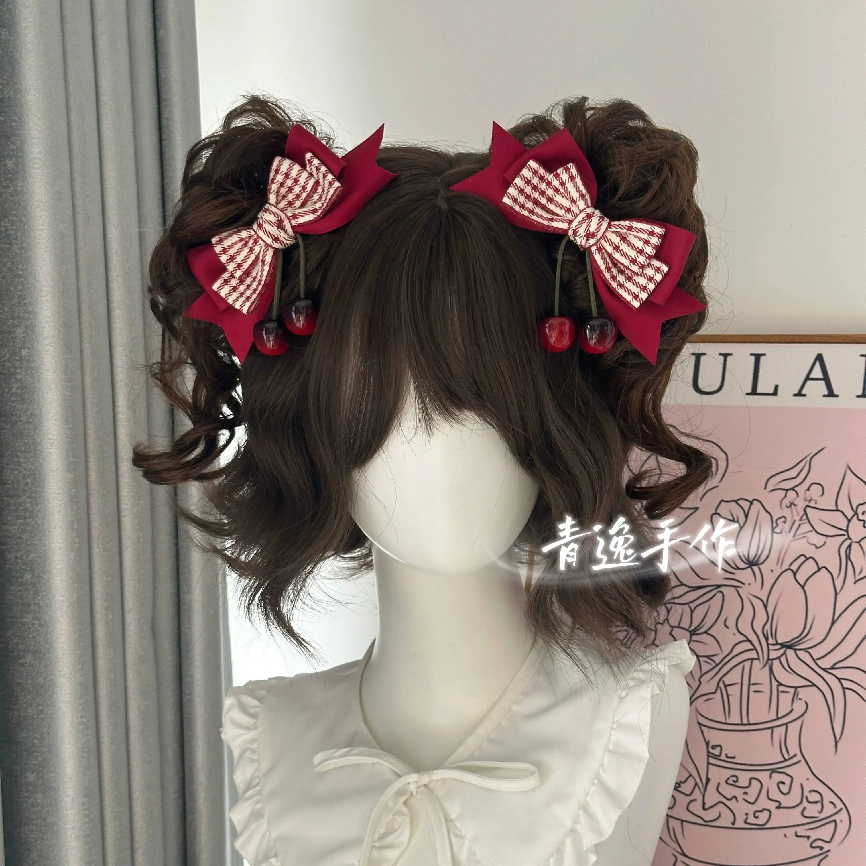 

Burgundy Plaid Bow Cherry Hair Clip Lolita Girl Cute Hair Accessory Lolita Sweet Girl Side Clip Adorable Daily