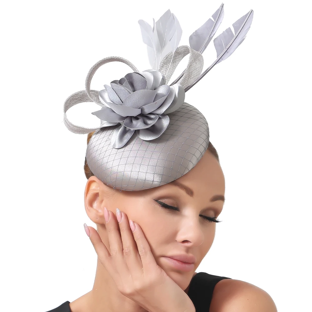 Nice Flower Wedding Fasciantor Hat For Elegant Bride Marry Net Hats With Fancy Feather Hair Accessories Ladies Church Chapeau