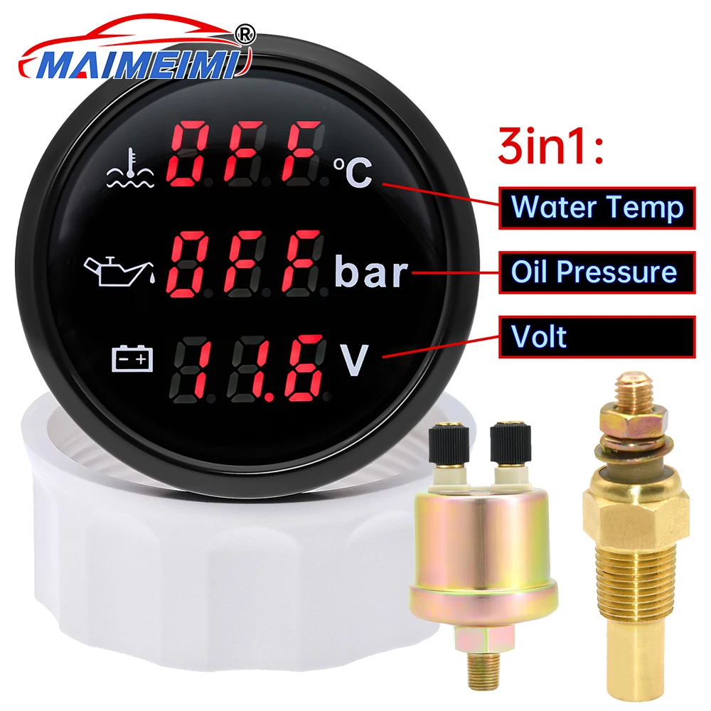 

3 in 1 gauge Water Temperature+Oil Pressure+Voltmeter Digital car gauge with Red Backlight with Oil Pressure Water Tempe Sensor