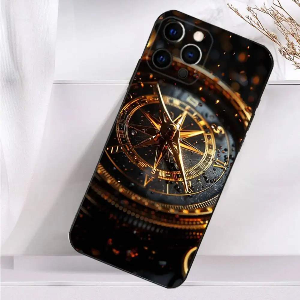 حافظة هاتف بوصلة فنية جغرافيا لهاتف آيفون 16,15,14,13,12,11 Plus,Pro Max,XS,X,XR,SE,Mini,8,7 غطاء أسود من السيليكون الناعم #2