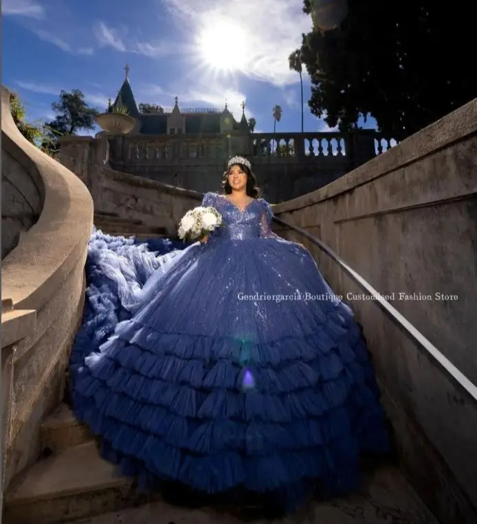 Dreamy Treasure Blue Quinceanera Dresses Luxury Off Shoulder Lace Cake Dress Cathedral Train Mexico vestidosde 15 quinceañeras