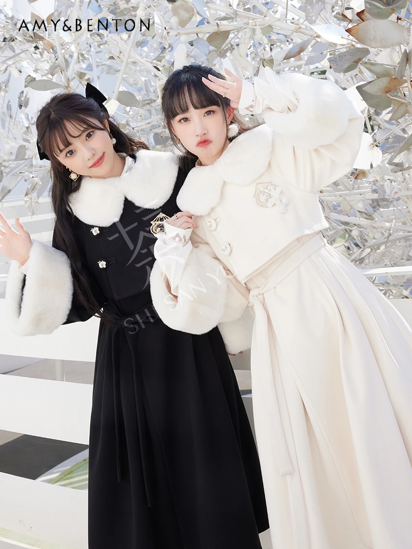 Daily Lolita Wool Coat Women Sweet Doll Collar Plush Bell Sleeve Coat Women Winter Jacket Warm Thick Fake Two Pieces Jackets