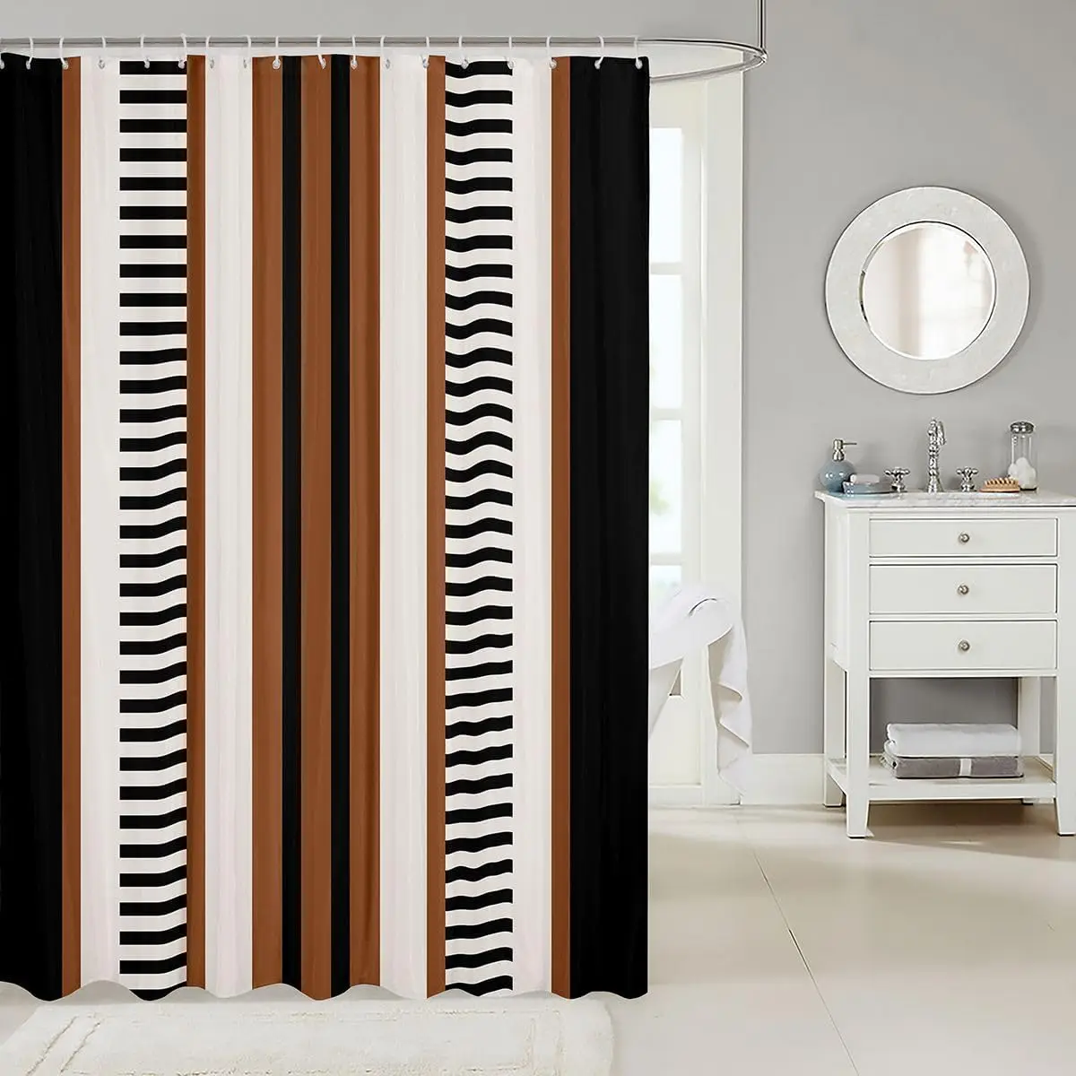 Elegant Modern Waterproof Shower Curtain Black White Brown Stripe Pattern Polyester Bathroom Liner Curtain for Home Decor Access