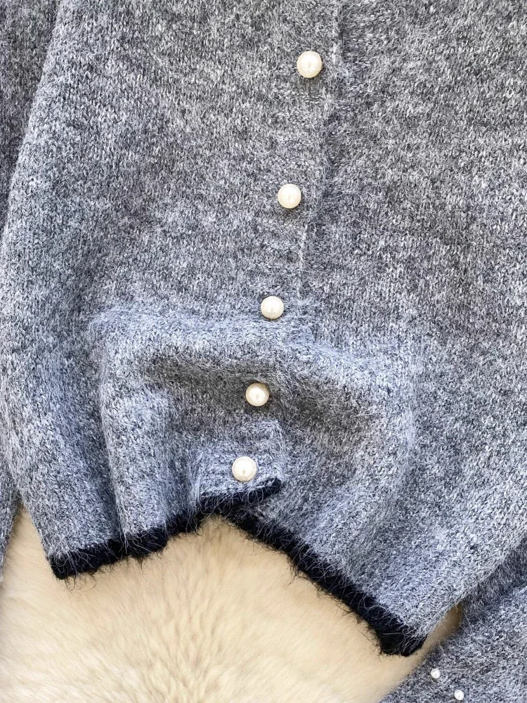 Kardigan Rajut Wanita Model O-Neck Mutiara Vintage, Pakaian Musim Gugur, Fashion Korea, Sweater Kancing Tunggal, Atasan Wanita