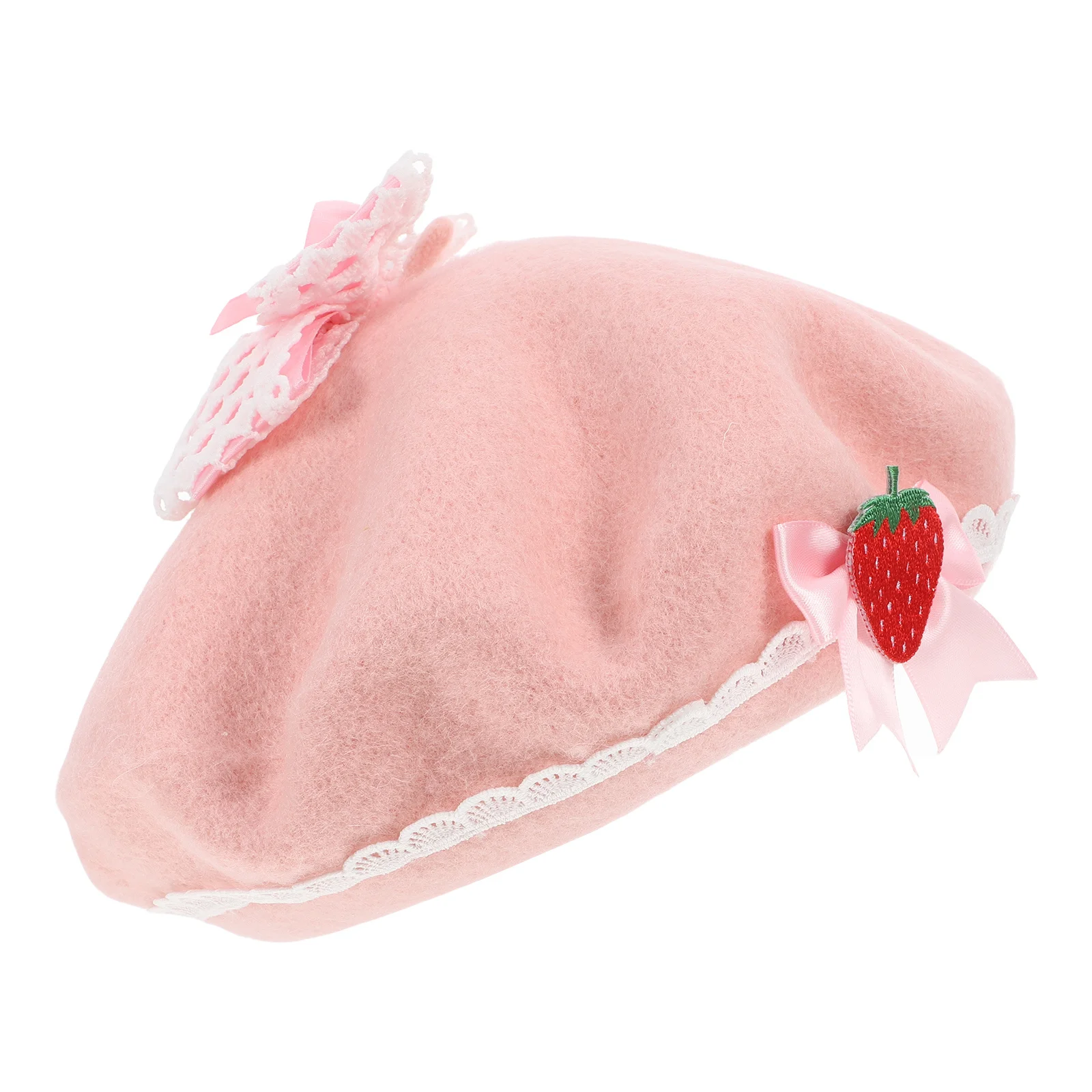 

Beret Strawberry Bow Woolen Beret Warm French Hat Women Girls Winters Bowknot Costume