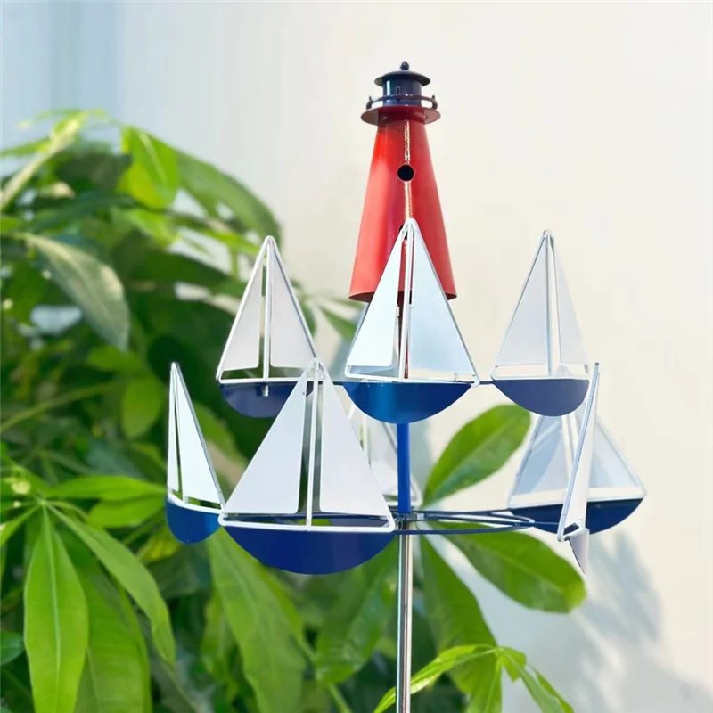 

1 PCS Lighthouse Sailboat Windmills Nautical Wind Sculpture Metal Decor For Yard, Wind Spinner