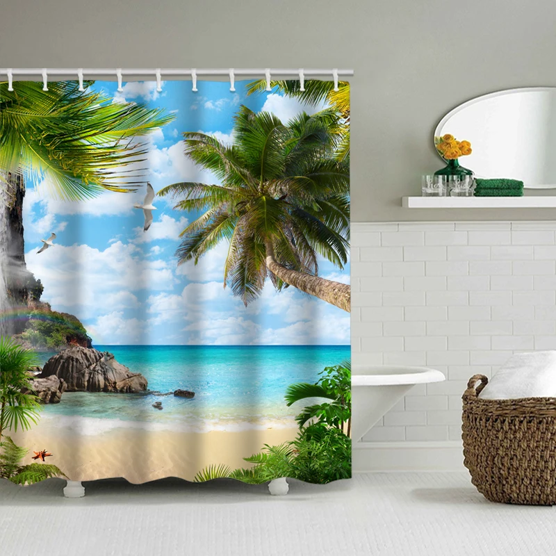 Ocean View Coconut Tree Landscape Hook, Waterproof Shower Curtain, Home Bathroom Decoration, Modern Polyester