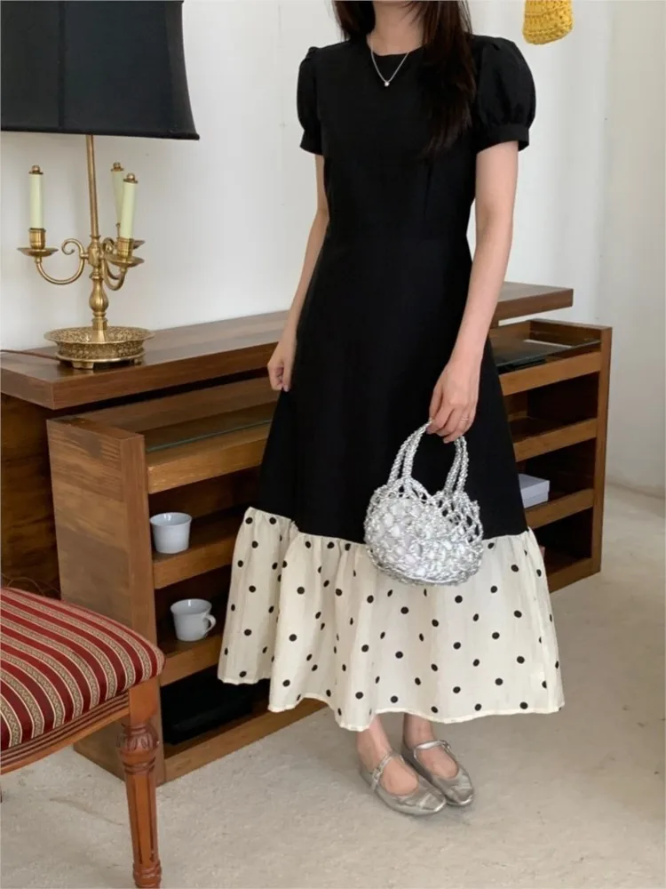 French Style Elegant Women Mermaid Dress Summer Solid Vintage Slim Color Collision Polka Dot Fishtail Chic Long Dress Fashion